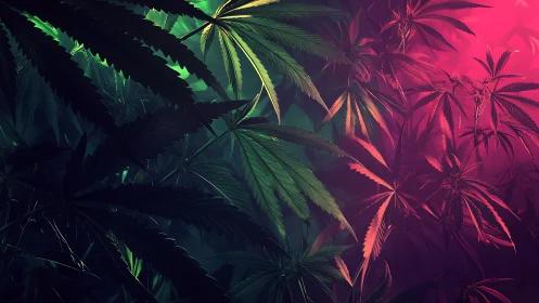 Cannabis leaves glow under split green and magenta lighting
