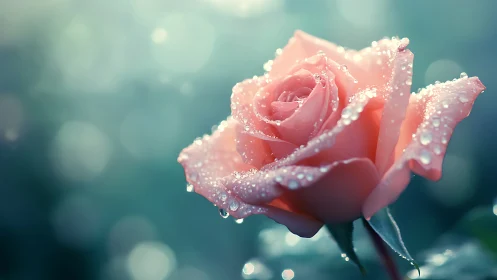 Pink rose bloom with dewdrops and luminous bokeh background.