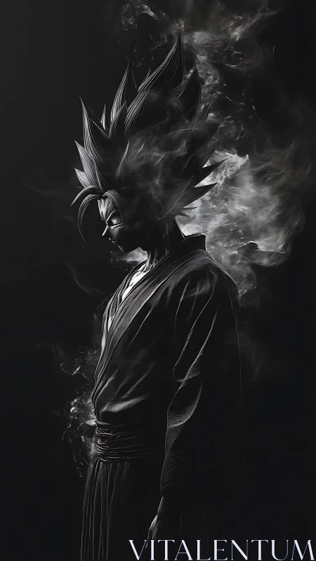 Dark anime warrior in smoke with dramatic side profile.