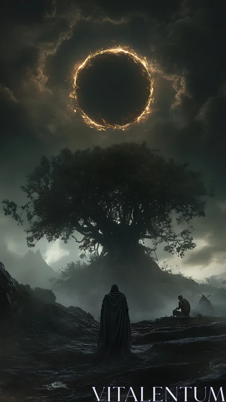 Dark fantasy tableau with eclipsed sigil above world tree.