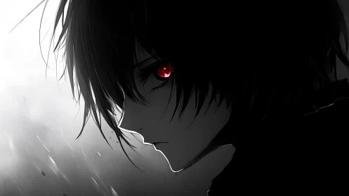 Crimson-eyed loner in storm-lit grayscale silence.