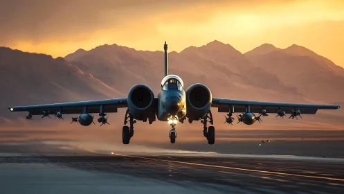 Sunset-lit attack jet powerfully lifts off a desert runway