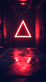 Red neon triangle sign in dark corridor with reflections.
