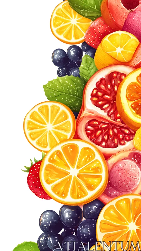 Vibrant citrus and berries illustration on white backdrop.