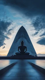 Silent Buddha silhouette welcomes dawn beside a vast monument