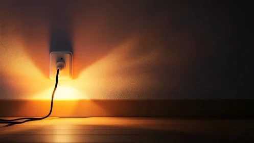 Wall outlet with illuminated plug casting warm glow.