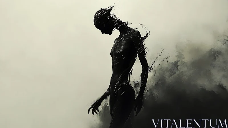 Shadowed humanoid silhouette dissolving into abstract smoke.