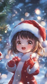 Joyful little girl in Santa coat shares cozy winter cheer