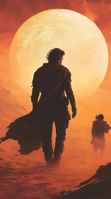 Twin wanderers stride beneath a blazing desert sunstorm.