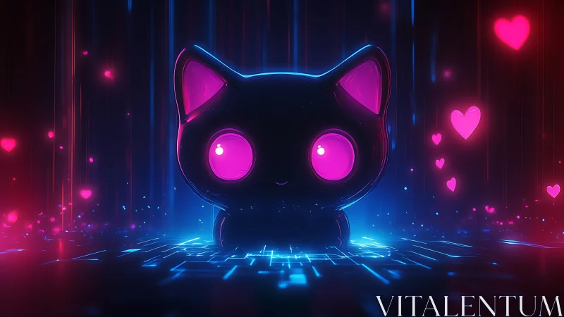 Neon cyber-kawaii cat idol glows in bi-chromatic matrix space