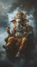 Highly detailed seated Ganesha deity rendered with dramatic clouds