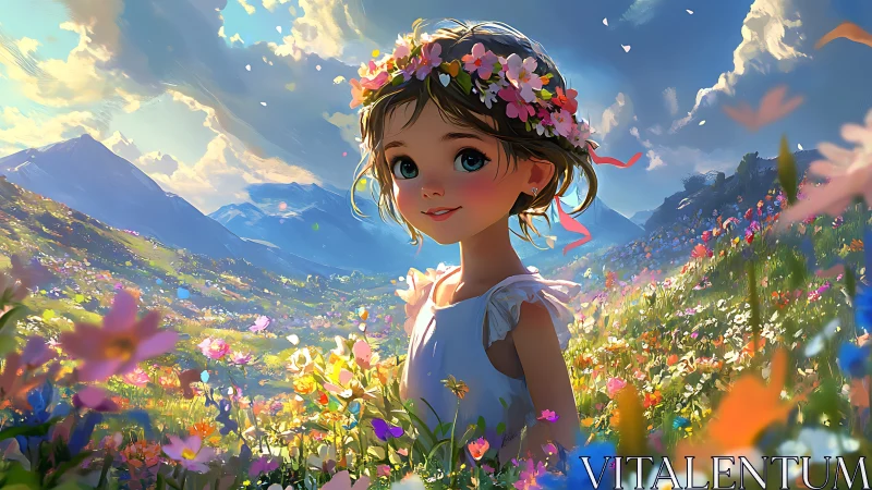 Smiling child stands in wildflower meadow under bright sky