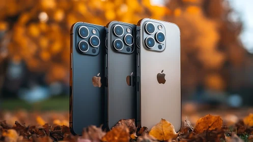 Three iPhones Strike Autumn Gold Poses Among Fallen Leaves