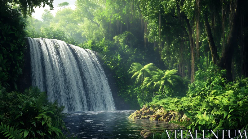Gentle waterfall pours into a lush, hidden jungle lagoon