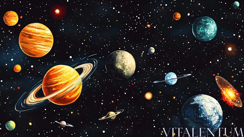 Vibrant planetary orbits scattered across deep cosmic space.