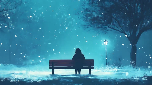 Solitary figure on a snowy bench contemplates a quiet winter night
