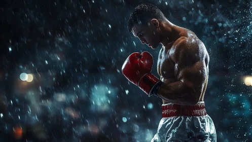 Boxer in Rain Training with Red Gloves.