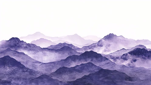 Layered violet mountain ranges in mist against blank sky.