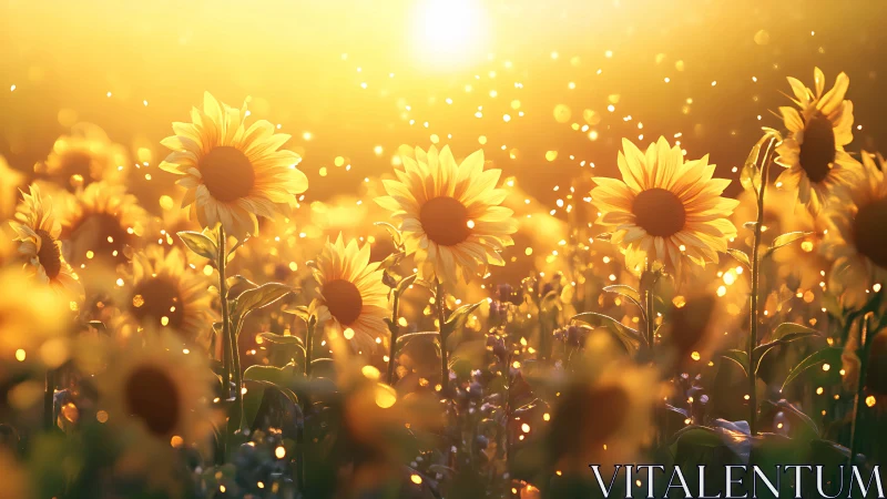 Sunflower field glowing under golden backlit sunset sky.