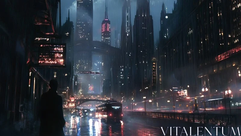 Rain soaked cyberpunk city street with neon towers at night.