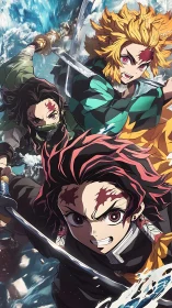 Three sword wielding anime fighters in dynamic combat scene.