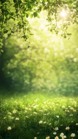 Sunlit meadow of tiny daisies and softly glowing leaves.