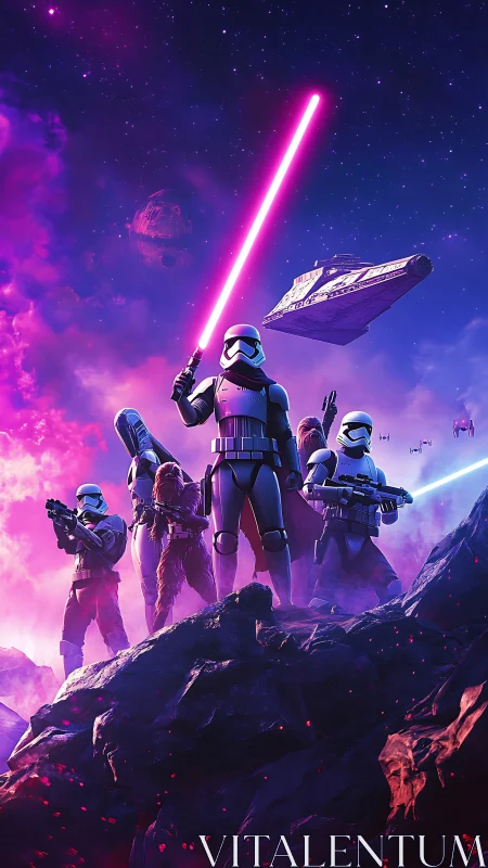 Stormtroopers clash in neon sci‑fi battle under starry sky.