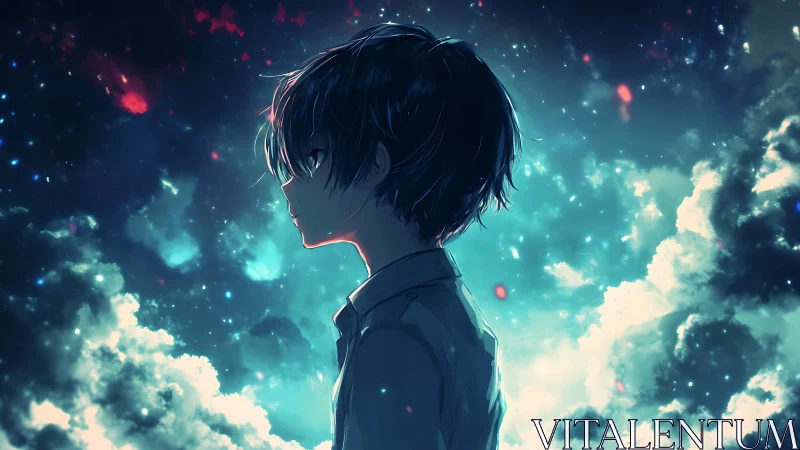 Stargazing silhouette drifts quietly through turquoise nebulae