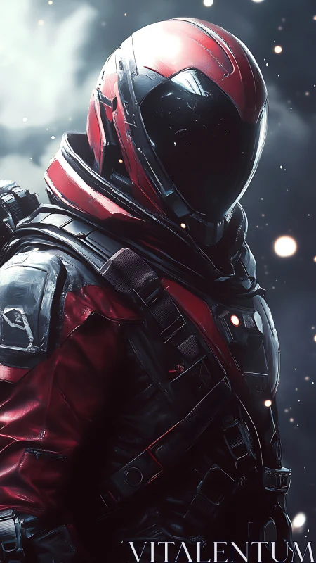 Red armored space operative in reflective helmet portrait.