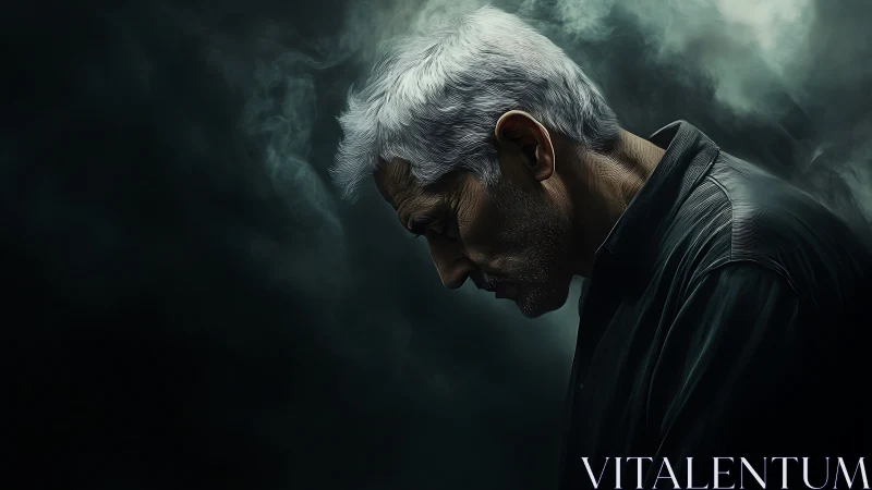 Solitary silver haired man in moody cinematic profile study.