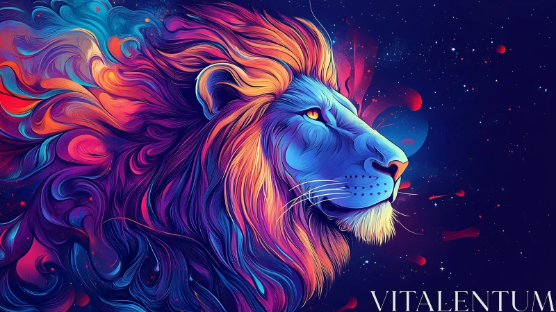 Chromatic vector lion profile in luminous cosmic gradient field.