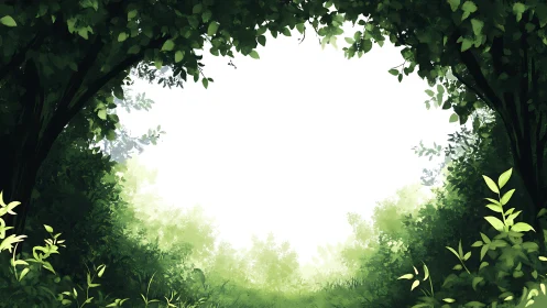 Sunlit forest clearing with vibrant green foliage, digital art.