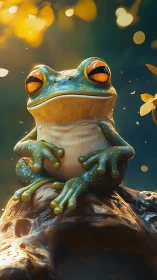 Golden hour forest frog soaking in dreamy sunlight glow.
