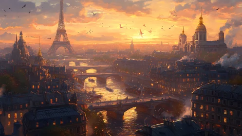 Sunset cityscape with Eiffel Tower and glowing river lights.