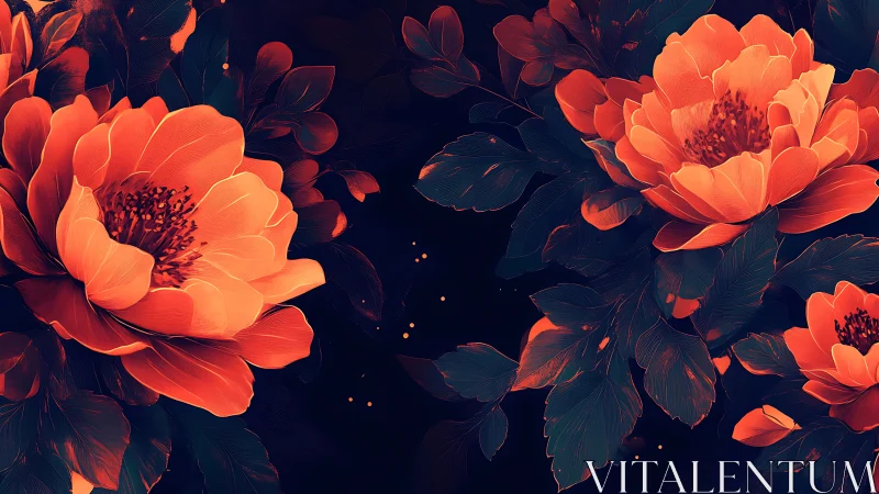 Luminescent Peony Blooms with Neon Orange Gradients Against Deep Navy Background