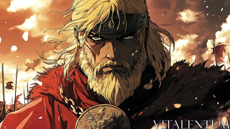 Battle-hardened Viking warrior glares beneath burning skies.
