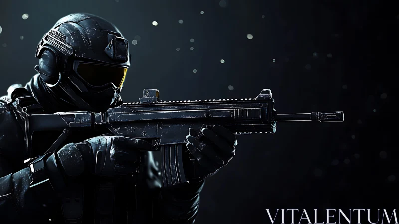Tactical soldier in dark armor aiming modern rifle.