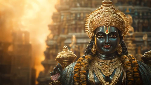 Radiant temple deity bathed in golden evening light.