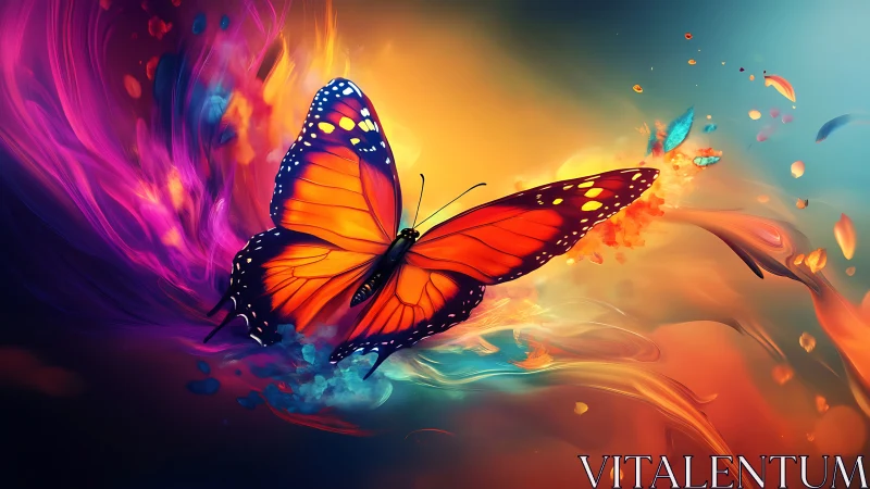 Vibrant orange butterfly crosses swirling neon color storm