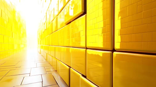 Shiny Yellow Tile Corridor with Bright Light, Modern Abstract Style.