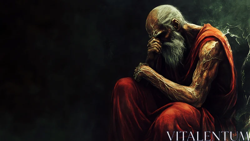 Weathered sage rests in deep, sorrowful meditation