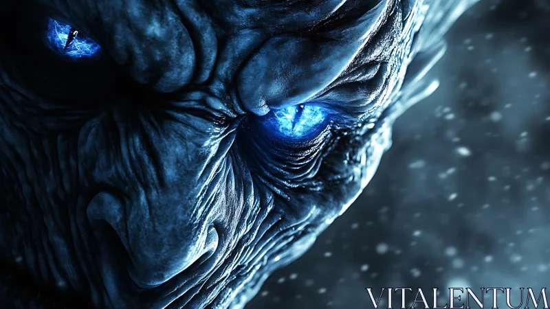 Glowing blue-eyed ice creature glares through a frozen storm