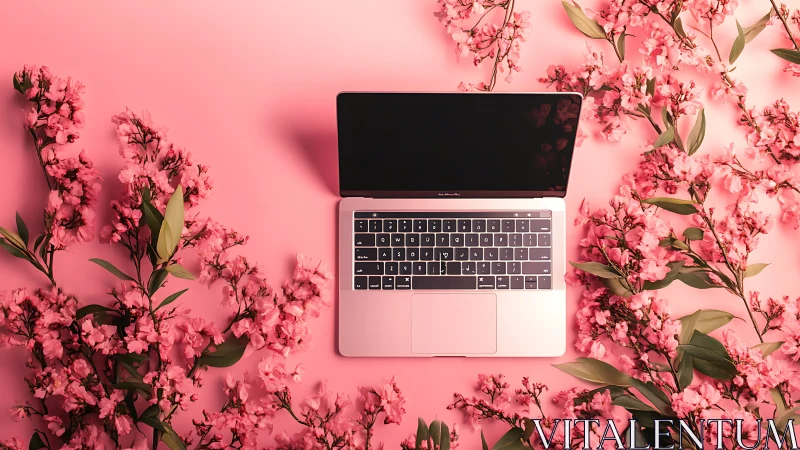 Rose-gold laptop rests amid pink blossoms on pastel background.