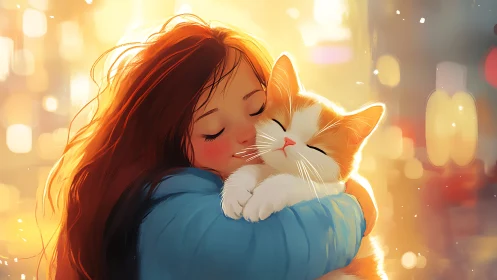 Red-haired girl embracing orange cat in warm light