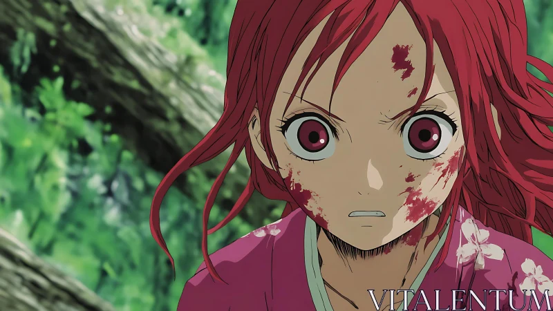 Anime character with bloodstained face stares directly forward