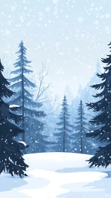 Snowy Forest Glade Under Falling Flakes.