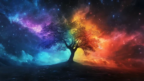Cosmic rainbow tree under glowing nebula sky at night.