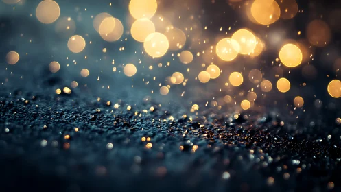 Golden raindrops softly sparkle across a misty evening street