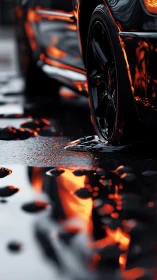 Sleek black sports car glows against wet asphalt at night