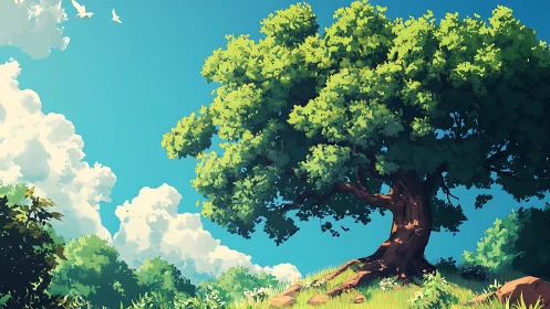 Majestic Oak Tree in Sunlit Meadow, Vibrant Anime-Style Illustration.